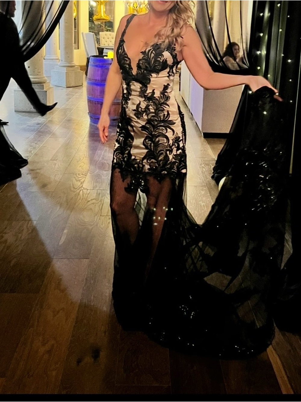 Black Lace Appliqué Prom Gown with Nude Underlay